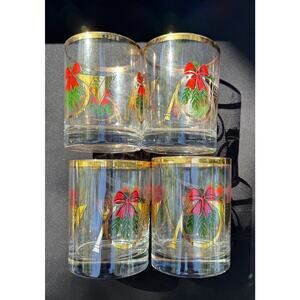 4 Vintage McDonald's Christmas Gold Rimmed Glasses French Horns Red Bows A52